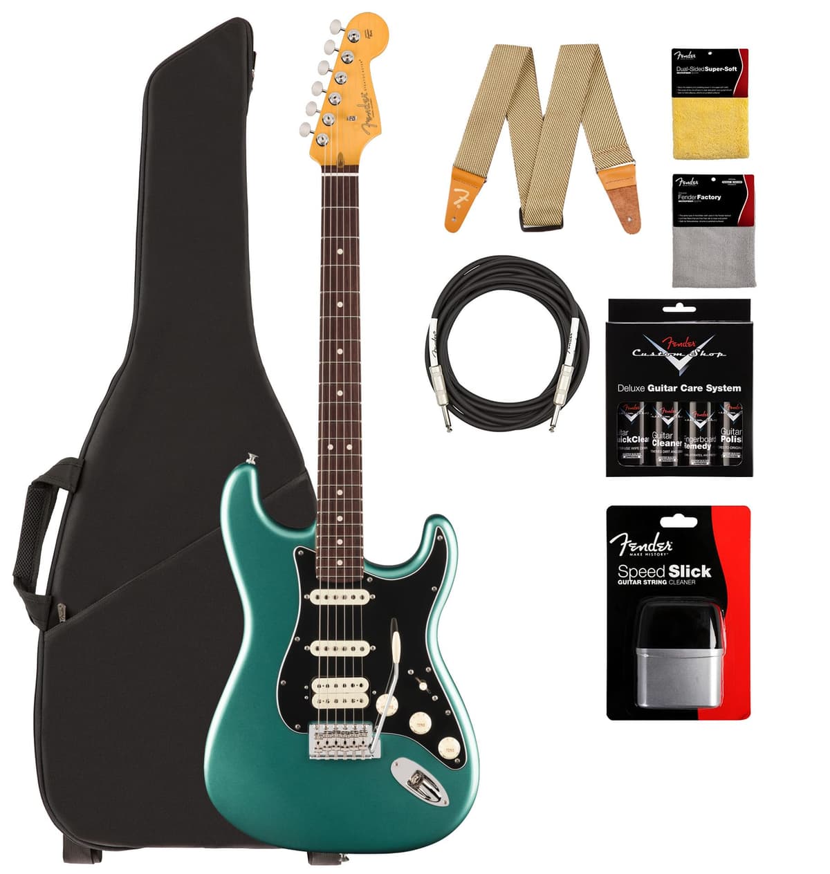 Fender American Professional Classic Stratocaster HSS - Faded Sherwood Green Metallic Bundle con funda, correa, cable y kit de limpieza AUS-0114950374-COMBO-STD