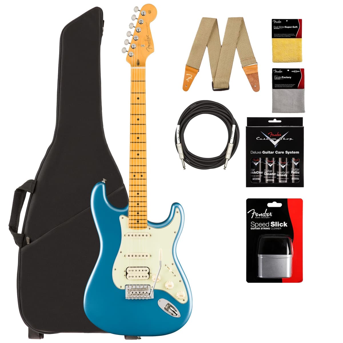 Fender American Professional Classic Stratocaster HSS - Faded Lake Placid Blue Bundle con funda, correa, cable y kit de limpieza AUS-0114952379-COMBO-STD