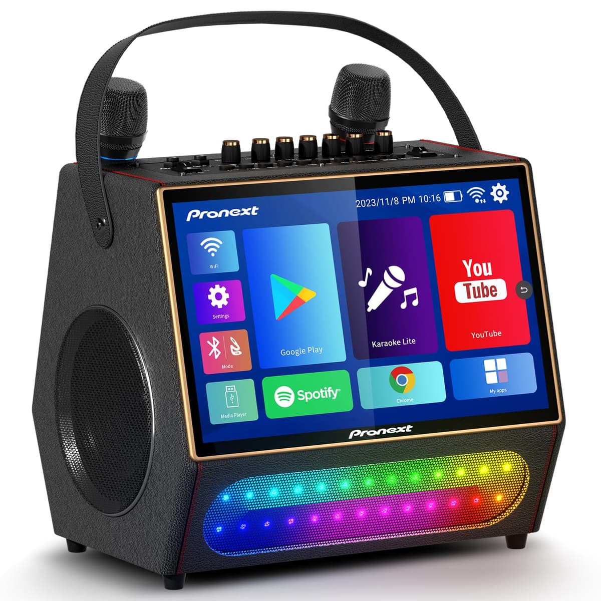 PRONEXT Karaoke Machine Arpeggio P08 con Pantalla de Letras, 2 Micrófonos UHF Recargables y Tablet 14" GD-AP08-2