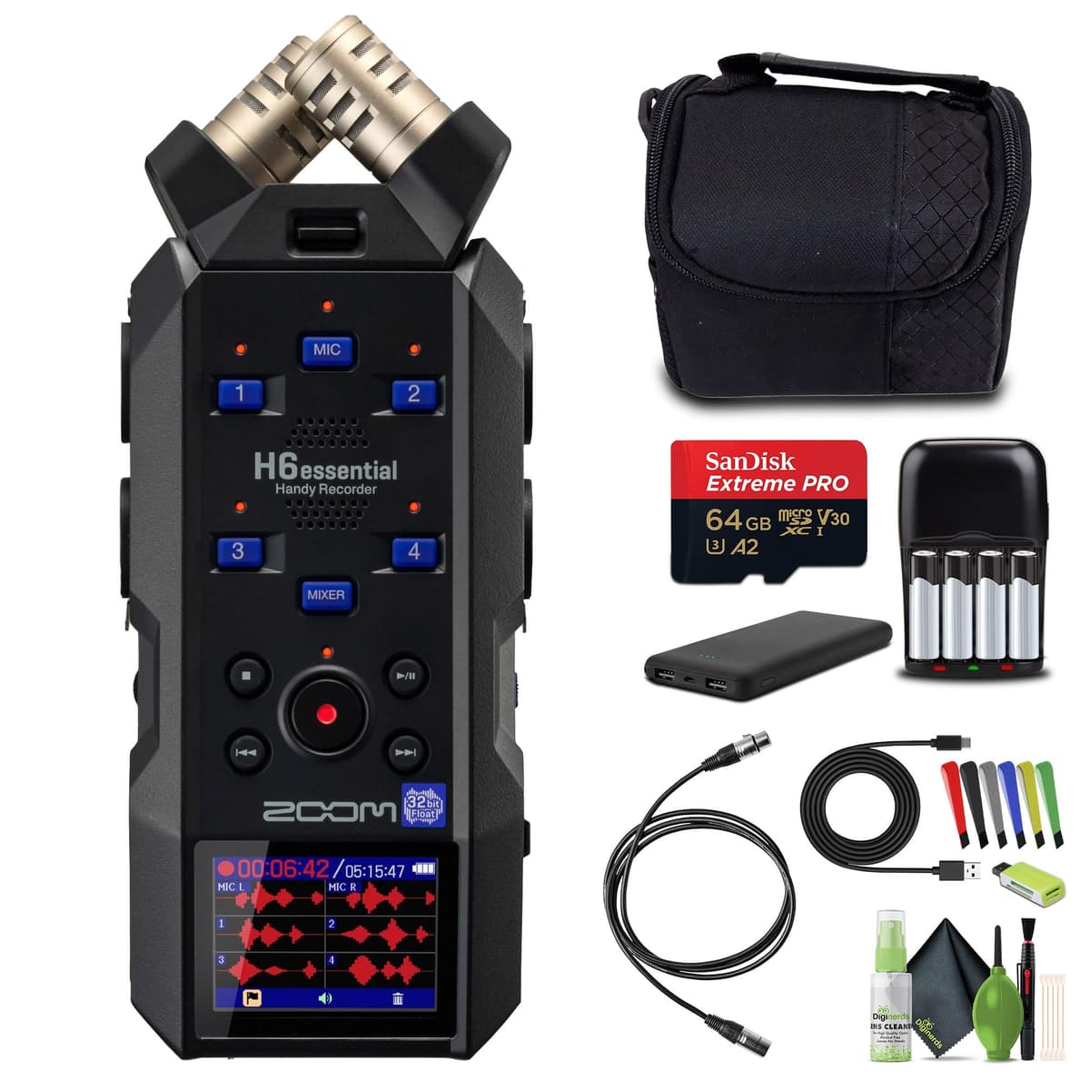 Zoom H6essential Handy Recorder 6-Track 32-Bit Float Portable Audio Recording (2024 Model) Stereo Microphones, 4 XLR/TRS Inputs, USB Audio Interface, for Musicians, Podcasters and Filmmakers Bundle