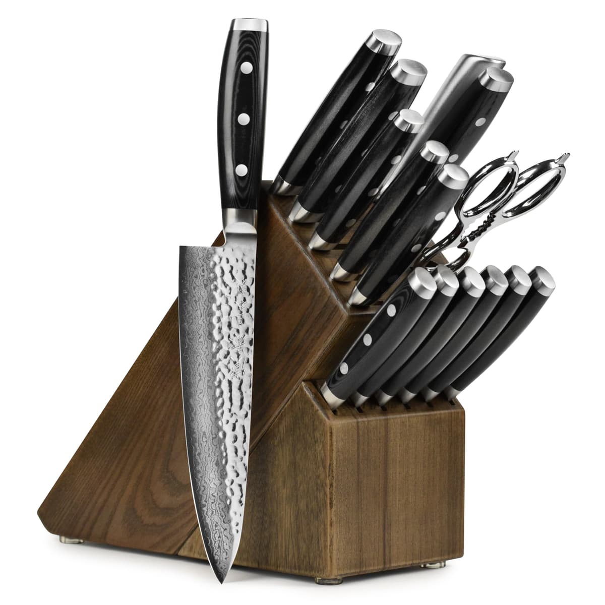 Enso HD 16 Piece Knife Set VG10 Hammered Damascus Stainless Steel with Dark Ash Block