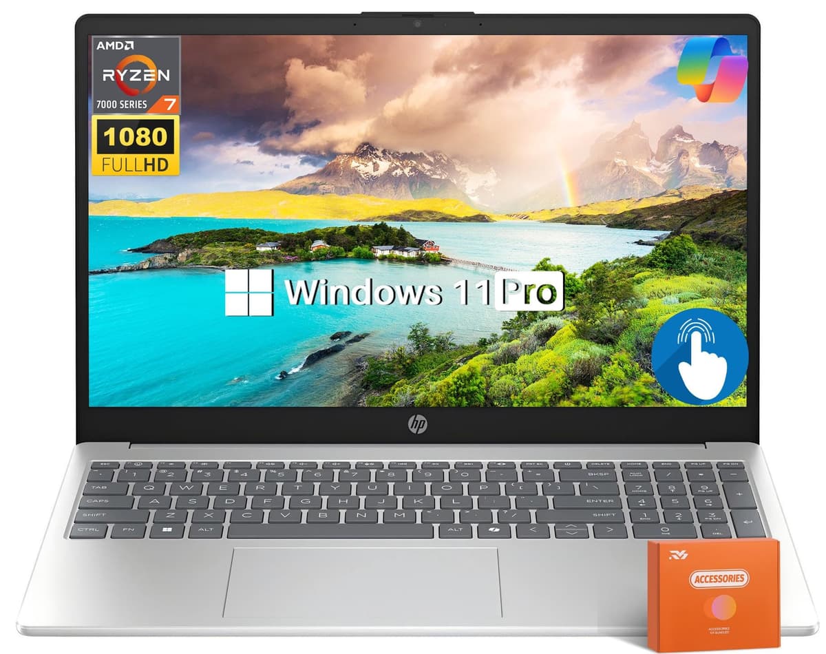 HP Laptop táctil 15.6" FHD para negocios, AMD Ryzen 7 7730U (hasta 4.5 GHz), 16 GB RAM, 1 TB SSD, Gráficos AMD Radeon, WiFi 6, batería de larga duración, cámara HD, tecla Copilot, Windows 11 Pro, plateado