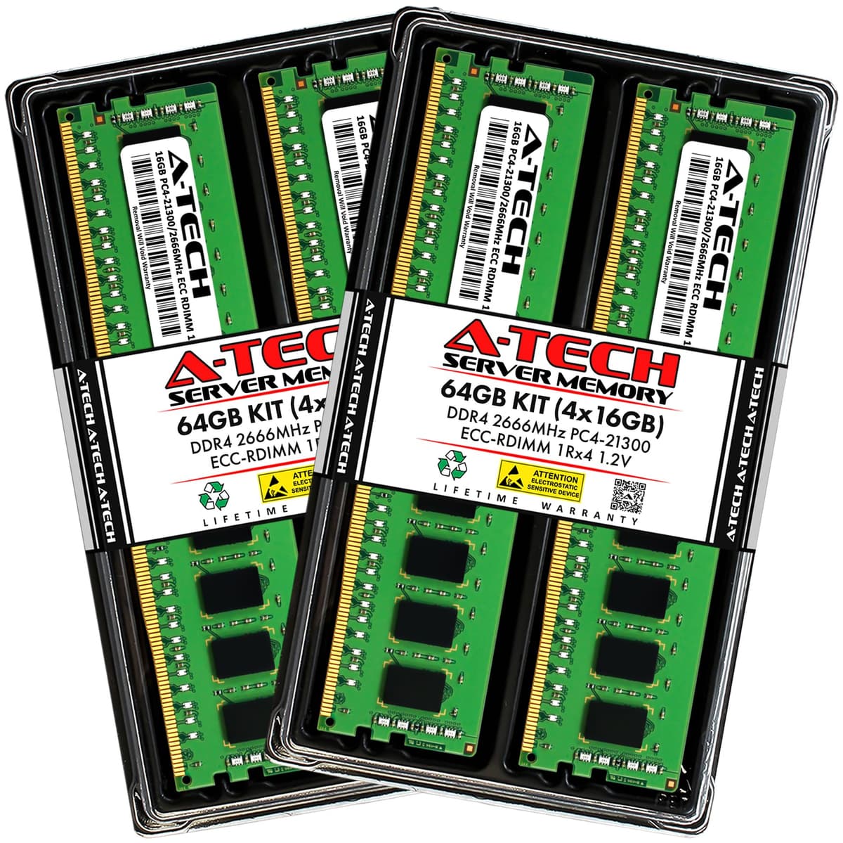 Kit A-Tech 64GB (4x16GB) DDR4 2666MHz PC4-21300 ECC RDIMM 1Rx4 Rango Simple 1.2V DIMM Registrada con ECC 288 Pines Módulos de Memoria RAM para Servidor y Estación de Trabajo (Serie A-Tech Enterprise) AT16G4D4D2666RS4N12V