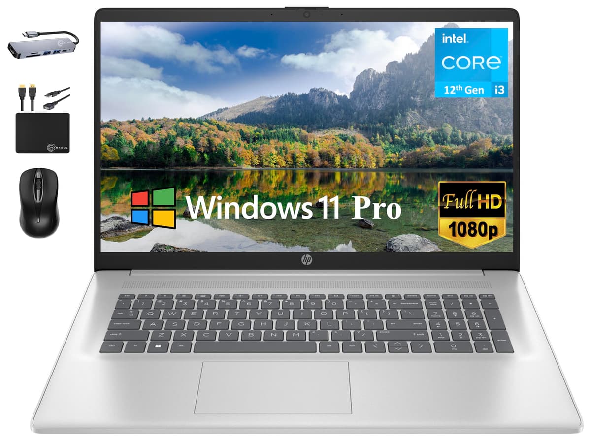 HP 2024 Essential 17.3" FHD Laptop Empresarial, Intel Core i3-1215U (6 núcleos), 32GB RAM, 1TB PCIe SSD, Teclado de tamaño completo, Webcam, Wi-Fi, HDMI, Windows 11 Pro +Accesorio Marxsol, Plateado Natural 2024 Essentia HP 17 Laptop