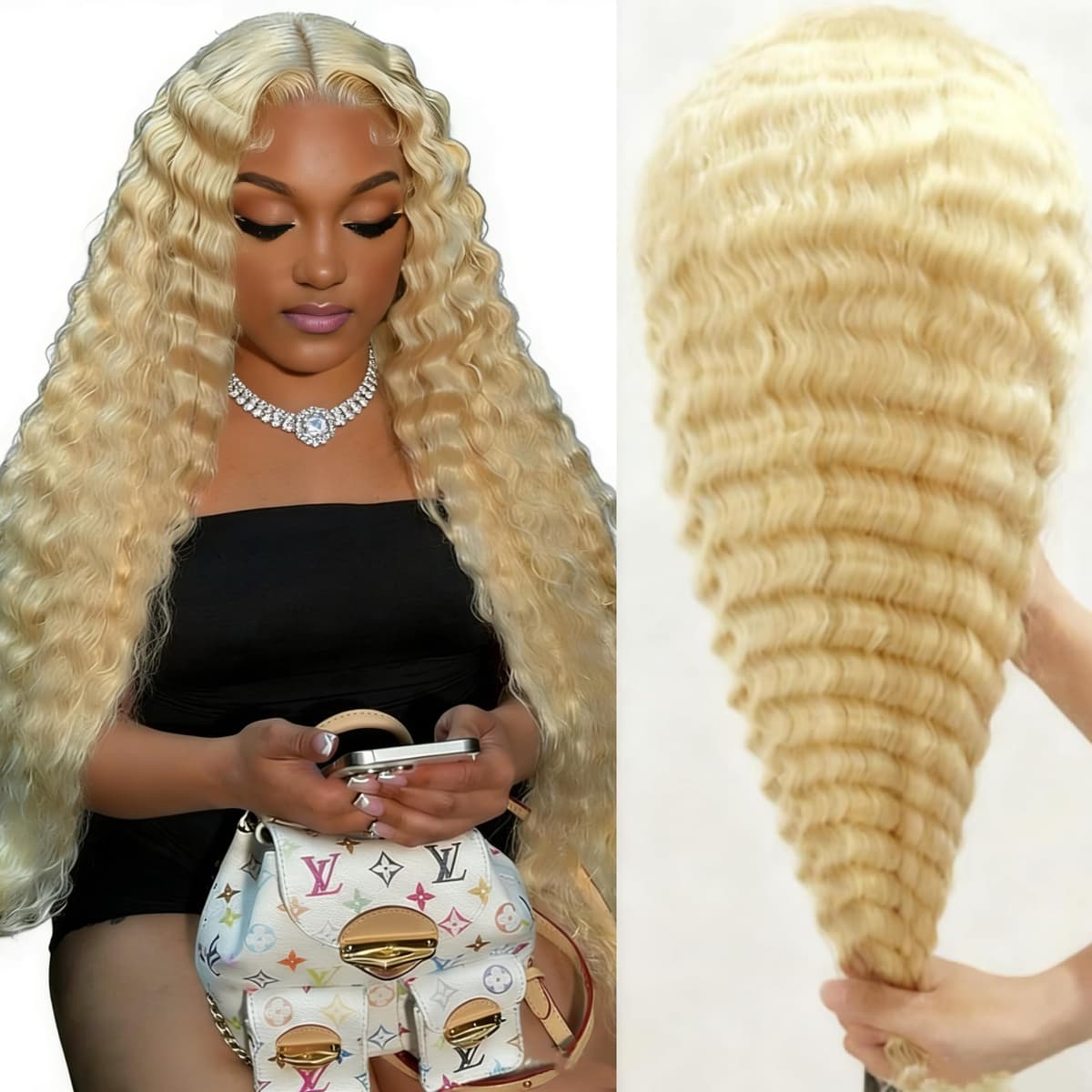 PT.Venus 42 Inch 613 Lace Front Wig Human Hair 13x4 Transparent Lace Deep Wave 180% Density Blonde