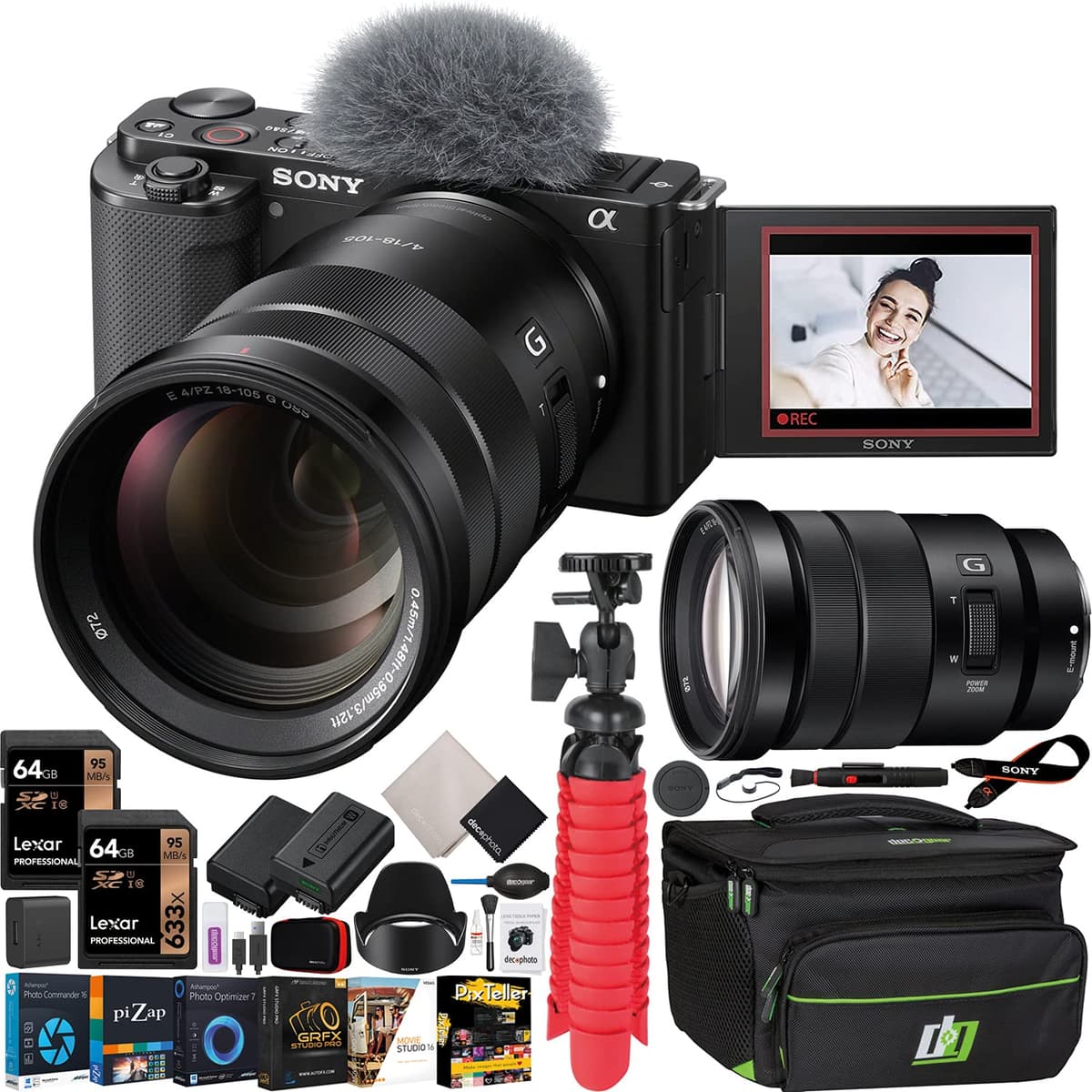 Sony ILCZV-E10/B - ZV-E10 + 18-105mm F4 PZ G OSS Bundle (Negro) con accesorios E20SNILCZVE10BX6
