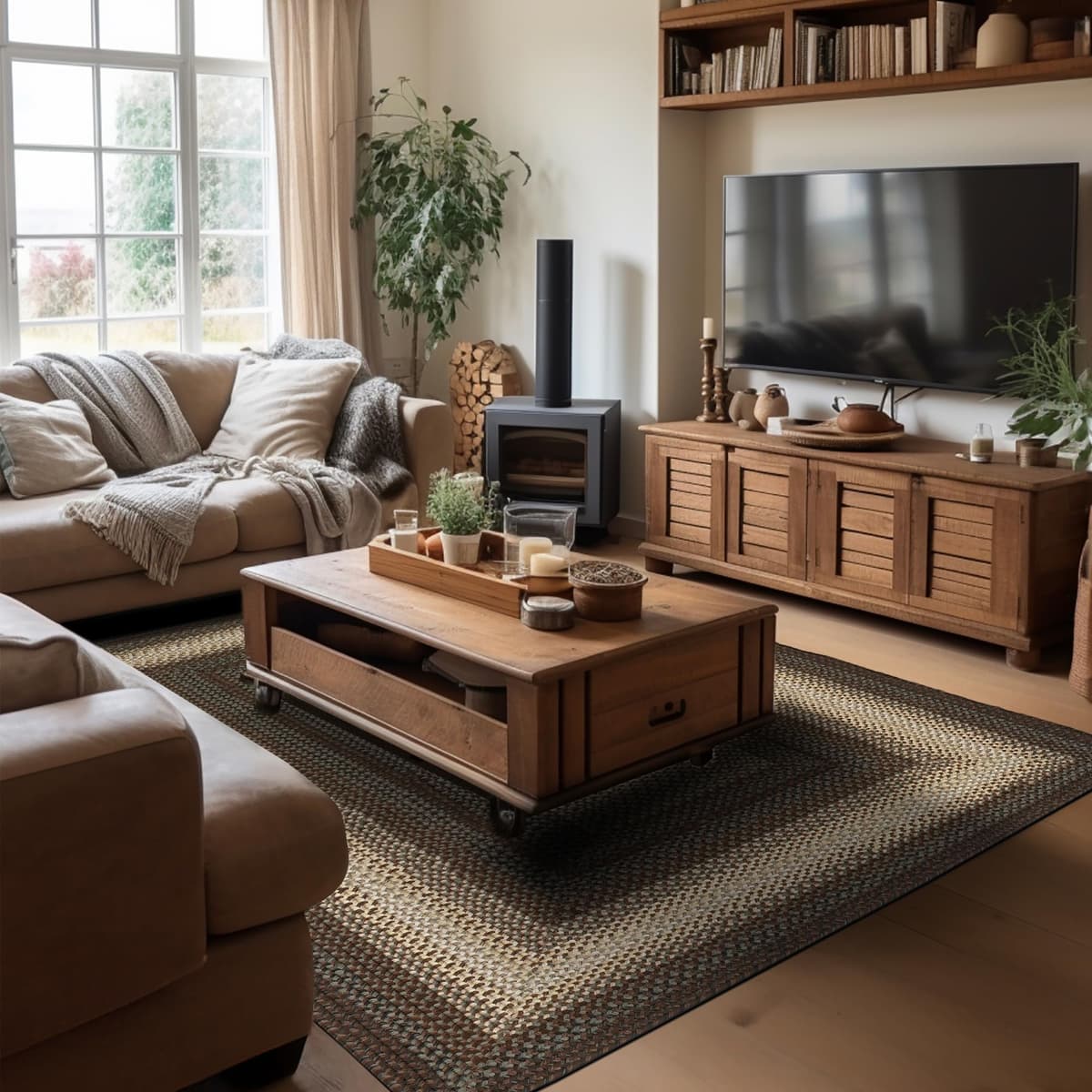 Homespice Driftwood Brown Braided Area Rug 6x9' Rectangle - Rustic, Lavable e Interior/Exterior 315120-IN