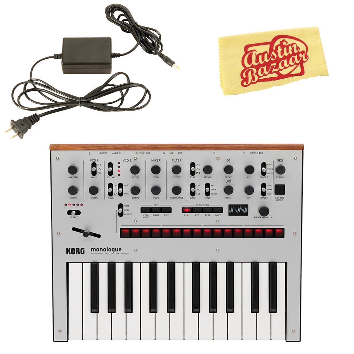 Korg Monologue Monophonic Analog Synthesizer - Silver Bundle con fuente y paño de pulido MONOLOGUESV-COMBO-STD
