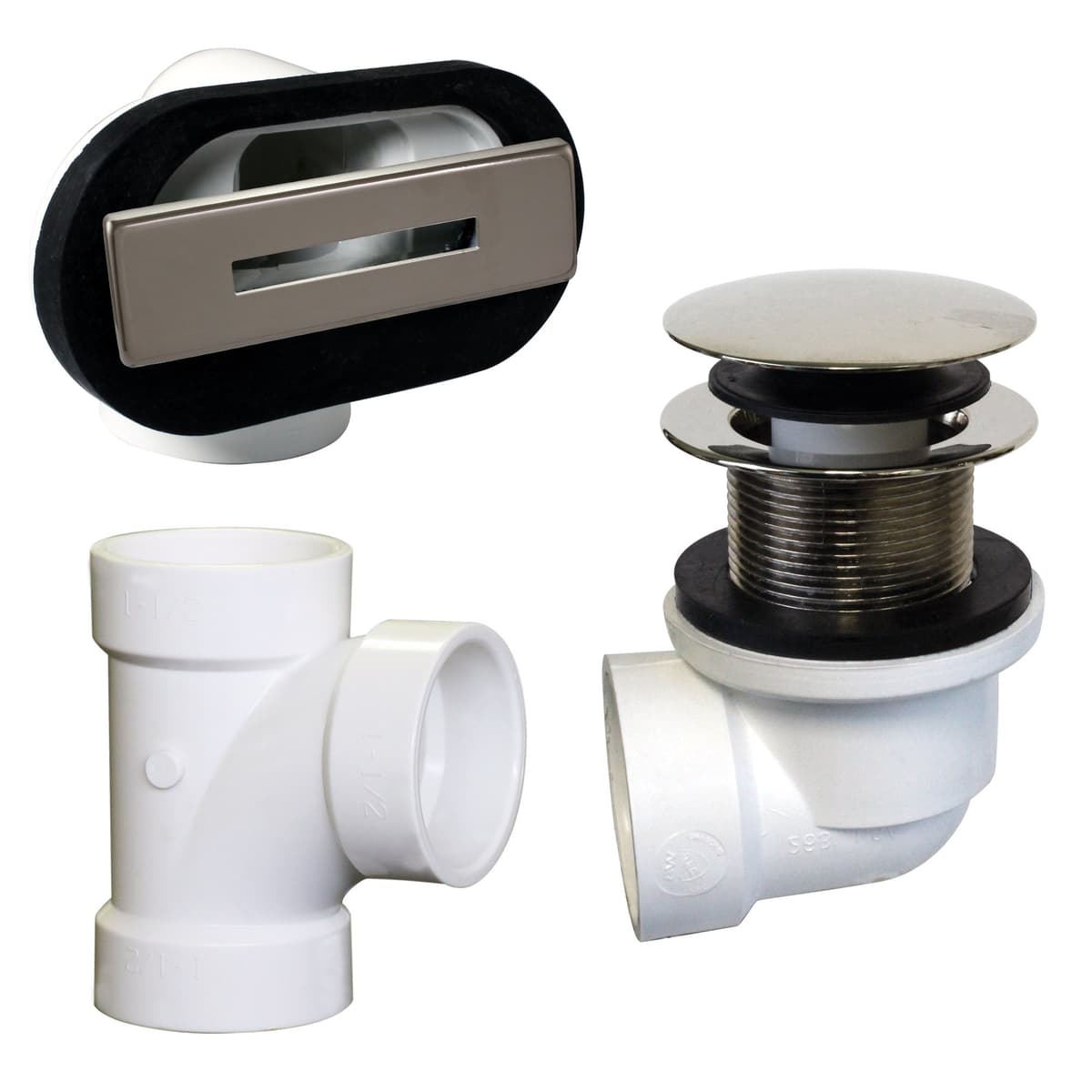 Tapón de Drenaje para Bañera con Empaque de Plomero Westbrass D560RK-20-05 SCH. 40 PVC 1-1/2" Rosca Gruesa, Punta-Toque, Rebosamiento Lineal con Placa Frontal, Tee y Codos, Níquel Pulido (Paquete de 20)