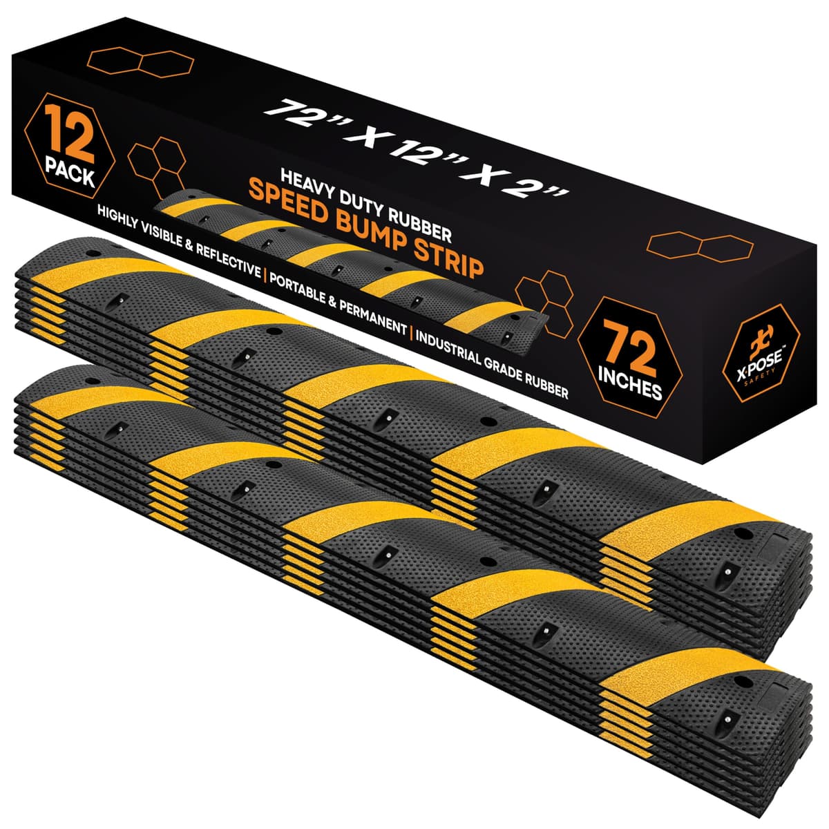 Xpose Safety Reductor de Velocidad de Caucho de 6 pies (Paquete de 12) - Resistente, Capacidad 22,000 lb, Tope Interconectable Modular para Control de Velocidad, Entradas, Calles, Estacionamientos, Rampas y Seguridad Exterior RSH-6-12-X