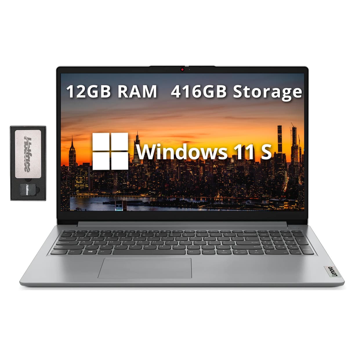 Lenovo IdeaPad 1 15.6" HD Laptop, Intel Pentium Silver N6000, 12GB RAM, 416GB Almacenamiento (256GB SSD+160GB Estación de Acoplamiento), Intel UHD Graphics, Teclado Numérico, Webcam, 1 Año Office 365, Win 11 S, Gris