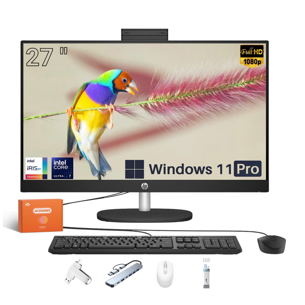 HP All-in-One táctil de 27", Intel Ultra 7 de 12 núcleos, pantalla FHD IPS, altura ajustable, 64 GB DDR5, SSD 2 TB, Windows 11 Pro, negro ónix, con accesorios HP 27 All-In-One Desktop
