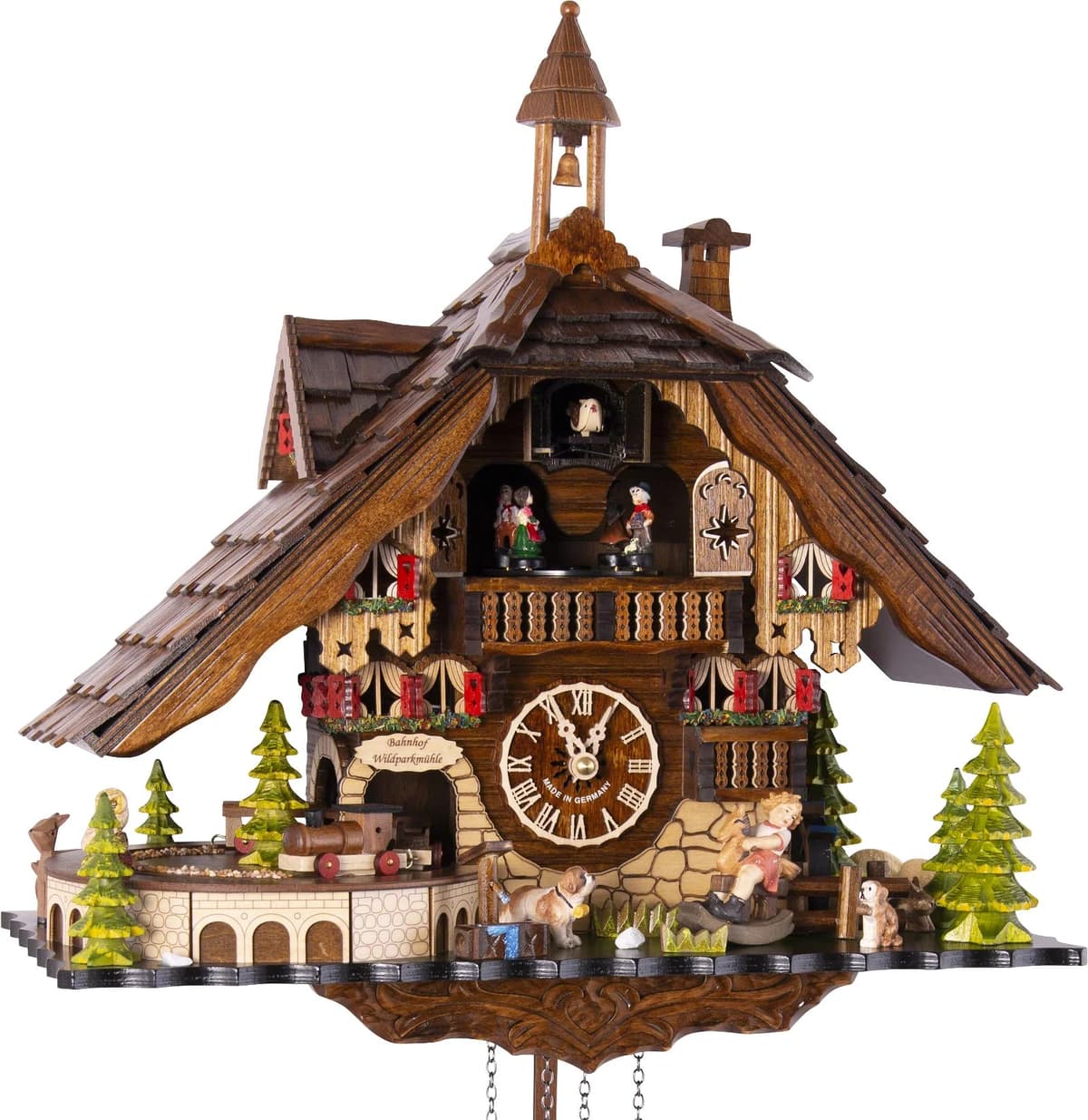 Cuckoo Palace Reloj de cuco estilo chalet con escena de ciervos y molino, movimiento de cuarzo 33 cm 18110 QMT HG
