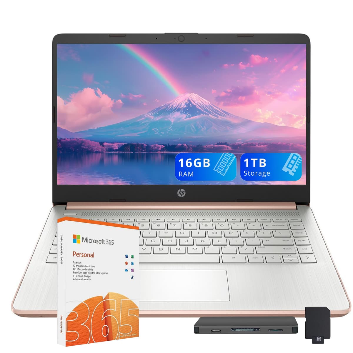 HP Stream 14″ HD para estudiantes y negocios, procesador Intel Celeron, 16 GB RAM, 1 TB de almacenamiento (64 GB eMMC + set de estación de acoplamiento de 1 TB), gráficos UHD, 1 año de Office 365, carga rápida, Windows 11, dorado