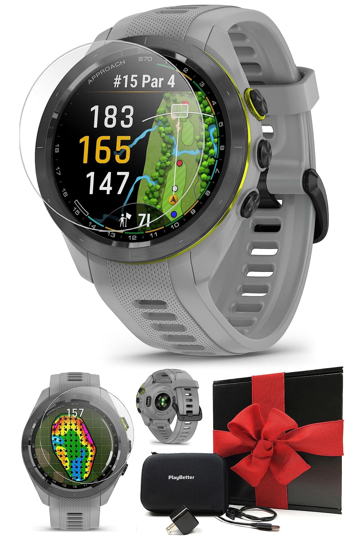 Garmin Approach S70 (Gris, 42 mm) Reloj GPS para Golf - Pantalla AMOLED, Caddie Virtual y Distancia PlaysLike - Paquete de Regalo con Protectores de Pantalla PlayBetter, Adaptador de Pared y Estuche Rígido 010-02200-00