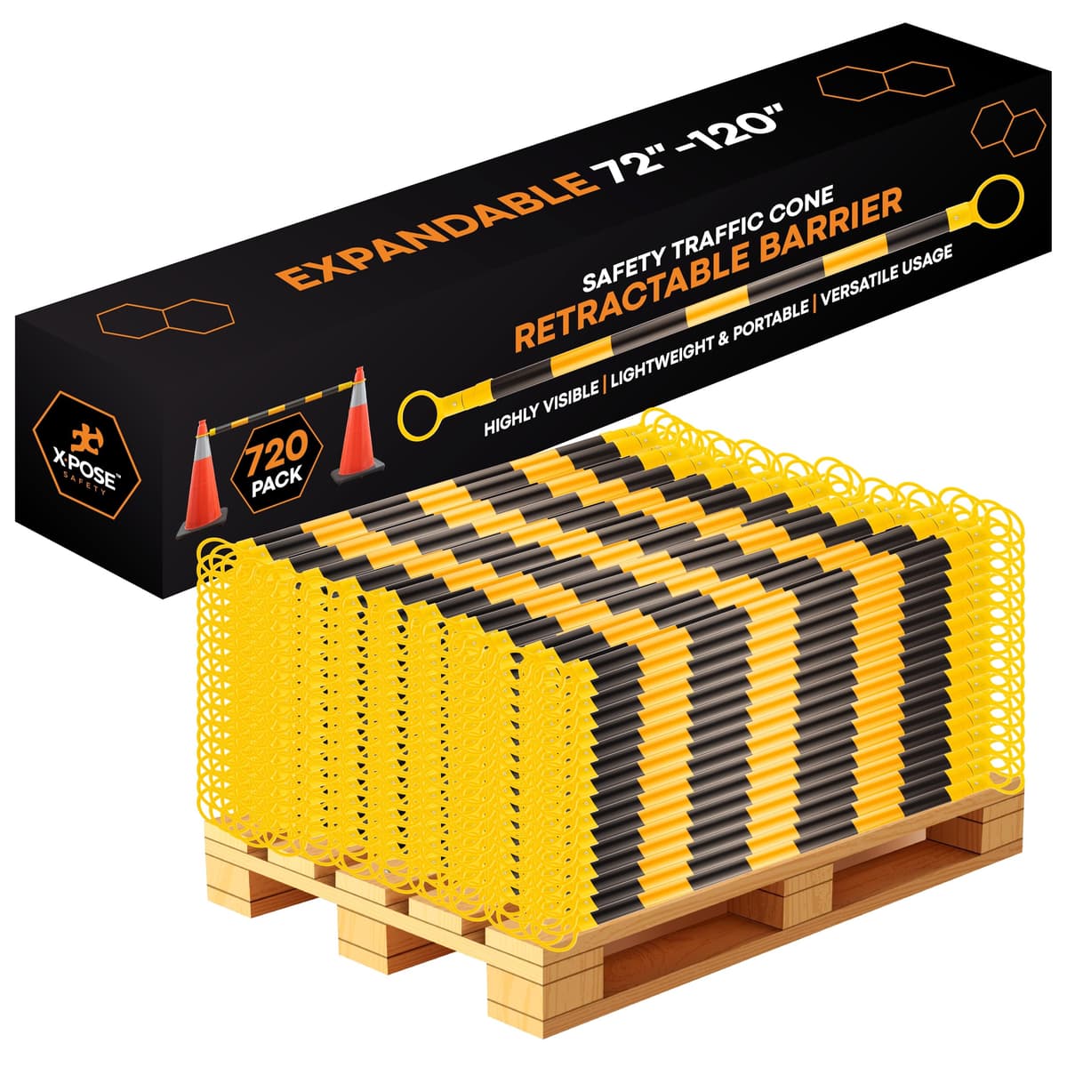 Barrera retráctil reflectante de seguridad Xpose para conos de tráfico - Paquete a granel de 720, pallet completo, amarillo/negro, expandible 72"-120" para construcción, estacionamiento y control de multitudes CBY-CBO-PARENT