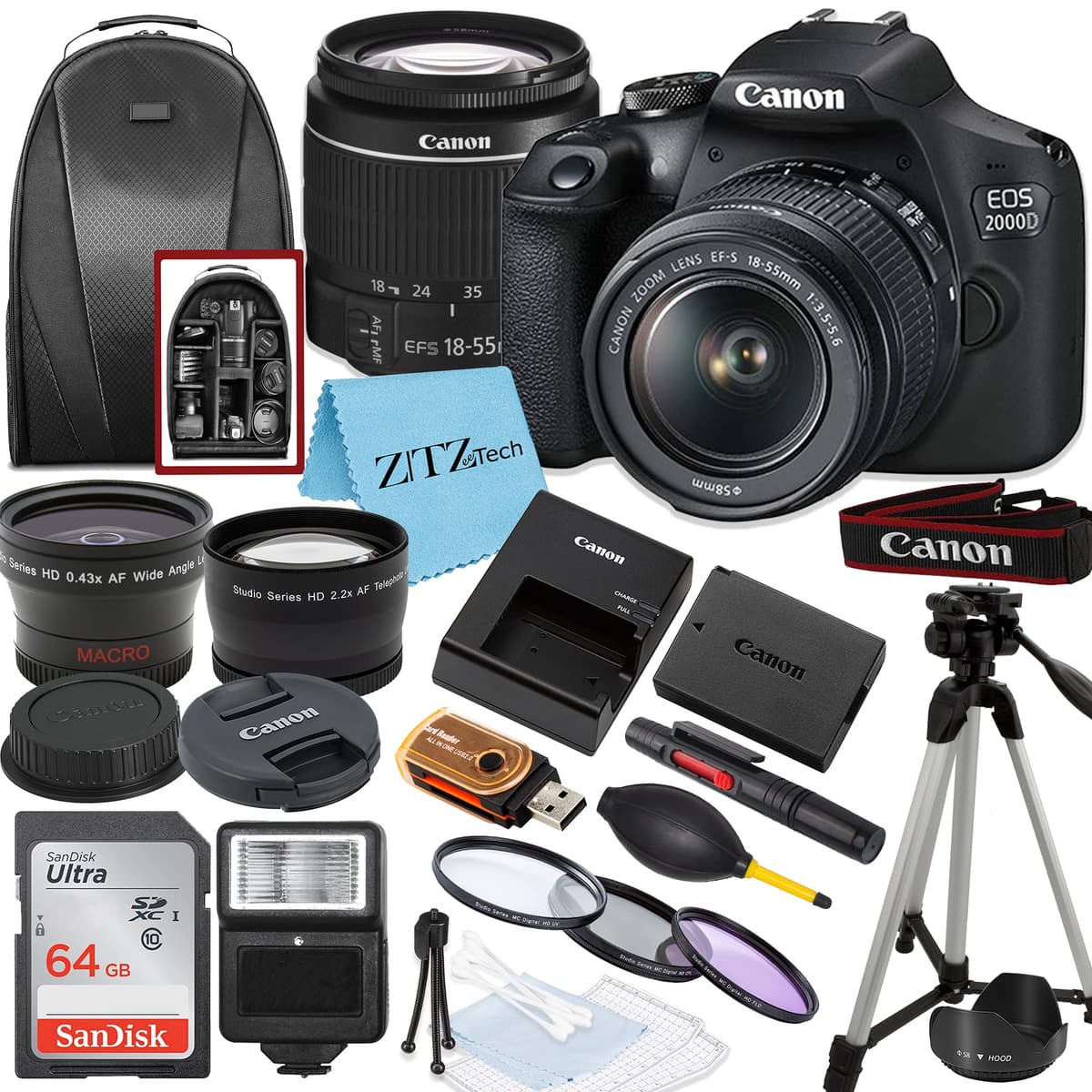 Cámara DSLR Canon EOS 2000D / Rebel T7 con lente zoom EF-S 18-55mm + tarjeta de memoria SanDisk 64GB + trípode + estuche + lentes gran angular + paquete de accesorios ZeeTech (20 piezas) (Reacondicionada) MDCN2000DDC-cr