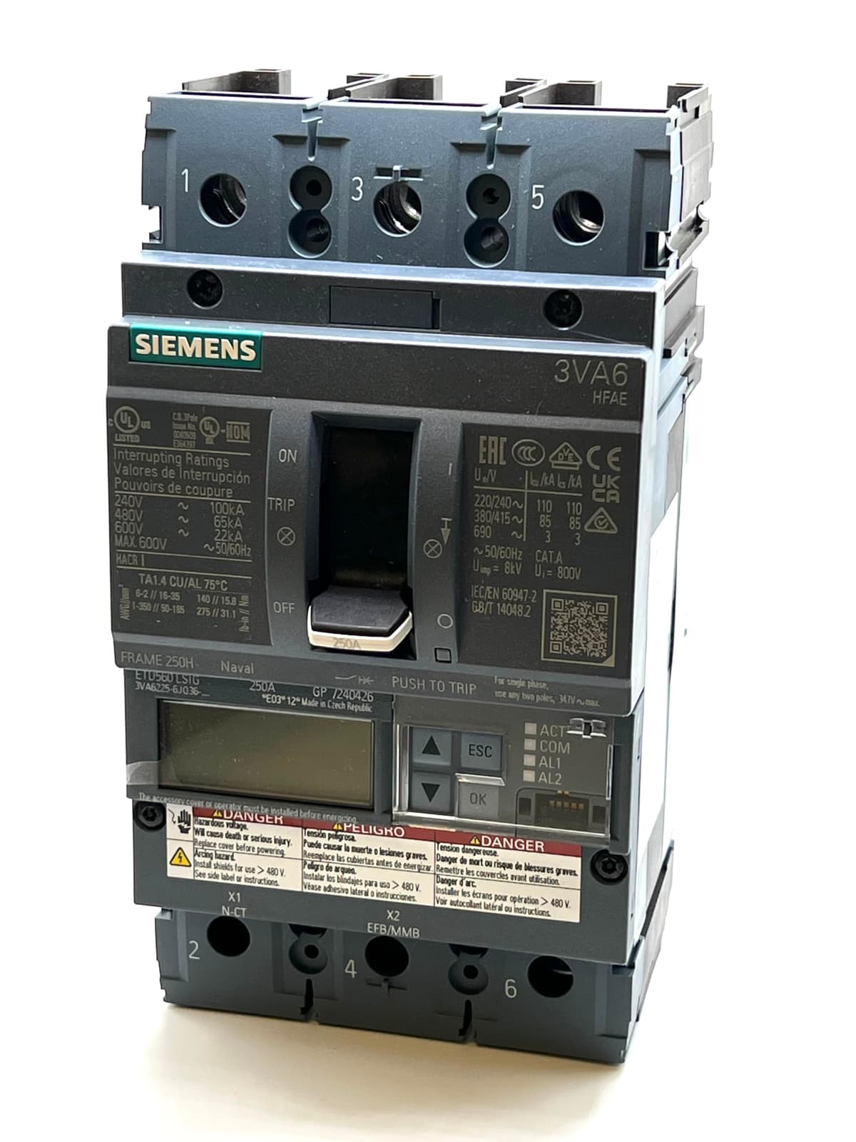 Siemens 3VA6225-6JQ36-0AA0 Interruptor termomagnético moldeado 3 polos 250A 600V