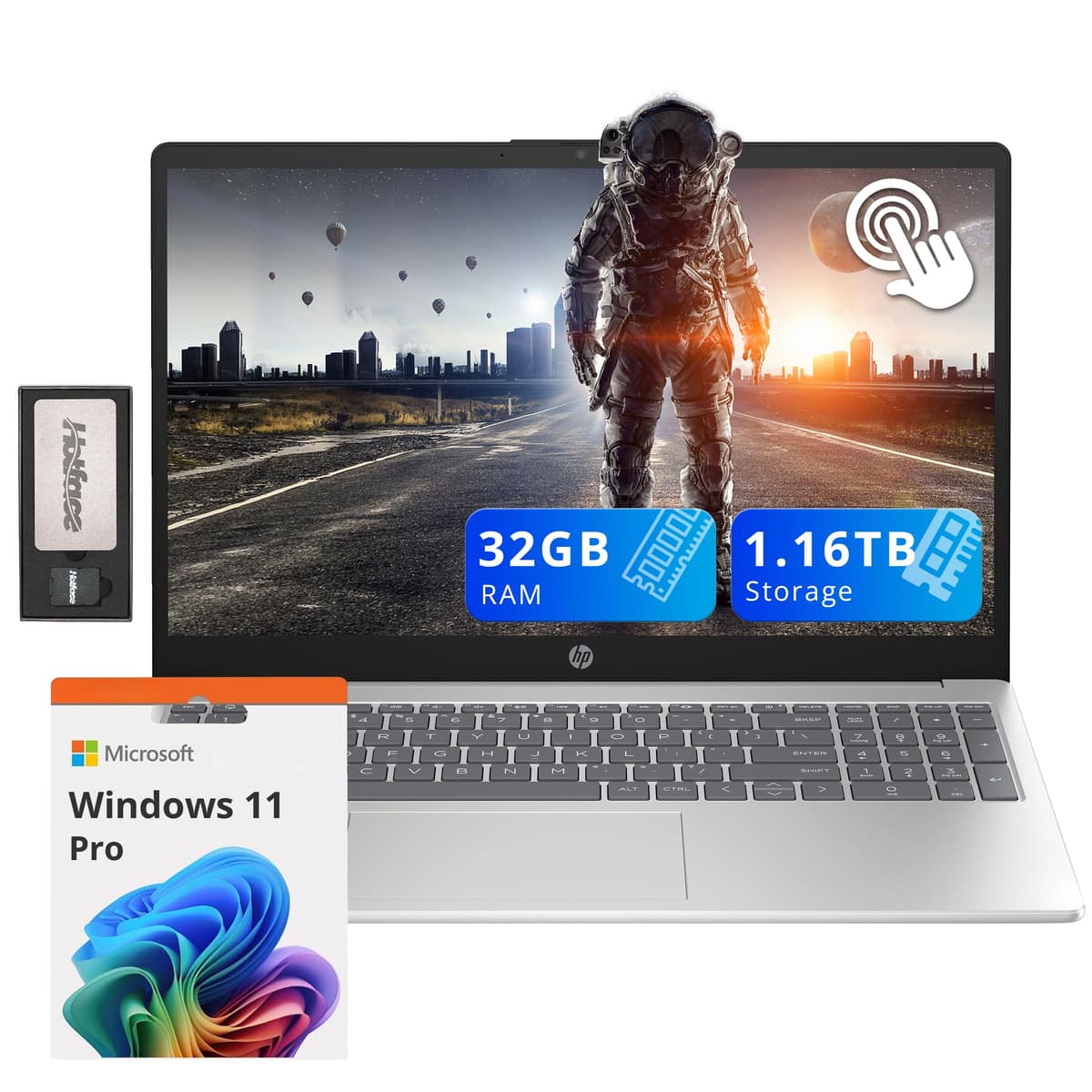 HP Pavilion 15.6" Pantalla táctil, Intel i3-1215U, 32 GB RAM, 1.16 TB Almacenamiento (1 TB SSD + 160 GB Estación de acoplamiento), Gráficos Intel UHD, Teclado numérico, Webcam, WiFi, Windows 11 Pro, Plateado