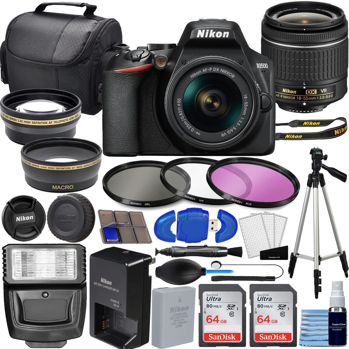 Cámara DSLR Nikon D3500 con lente AF-P 18-55mm VR y kit de accesorios 1590_K4