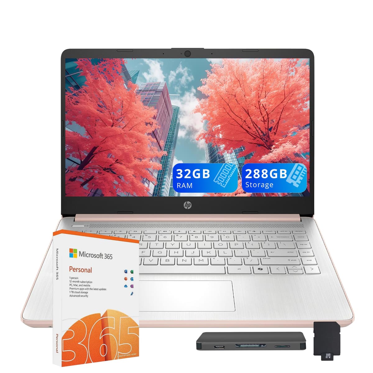 HP Stream 14" HD Laptop, Procesador Intel N150, 32 GB de RAM, 288 GB de almacenamiento (128 GB UFS + Estación de acoplamiento SSD de 160 GB), Gráficos Intel UHD, Cámara web HD, WiFi, Bluetooth, 1 año de Office 365, Windows 11 S, Dorado