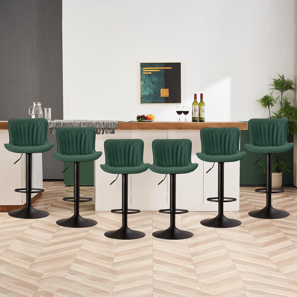 Banco de bar YOUNIKE juego de 6 taburetes giratorios modernos altura mostrador con respaldo ajustable cocina cuero sintético acolchado para isla de desayuno verde oscuro