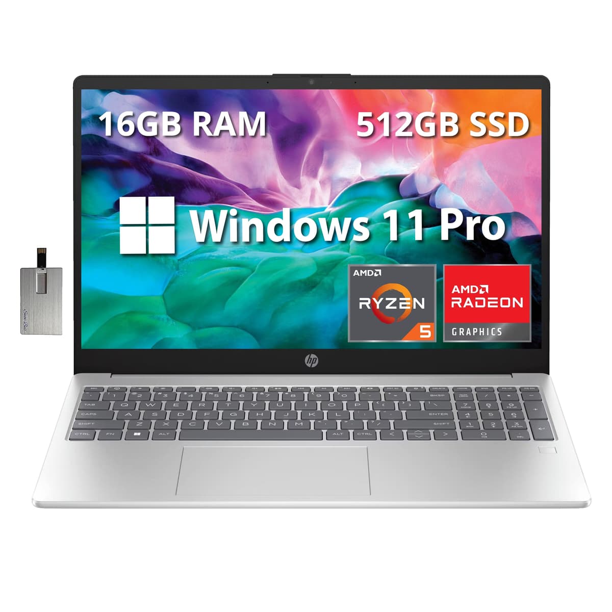 HP 15.6" FHD Laptop Business, Procesador AMD Ryzen 5 7520U, 16GB RAM, 512GB SSD PCIe, Gráficos AMD Radeon, Bluetooth, Cámara HD, Wi-Fi, Windows 11 Pro, Plateado, Tarjeta USB Hotface 32GB HP Laptop