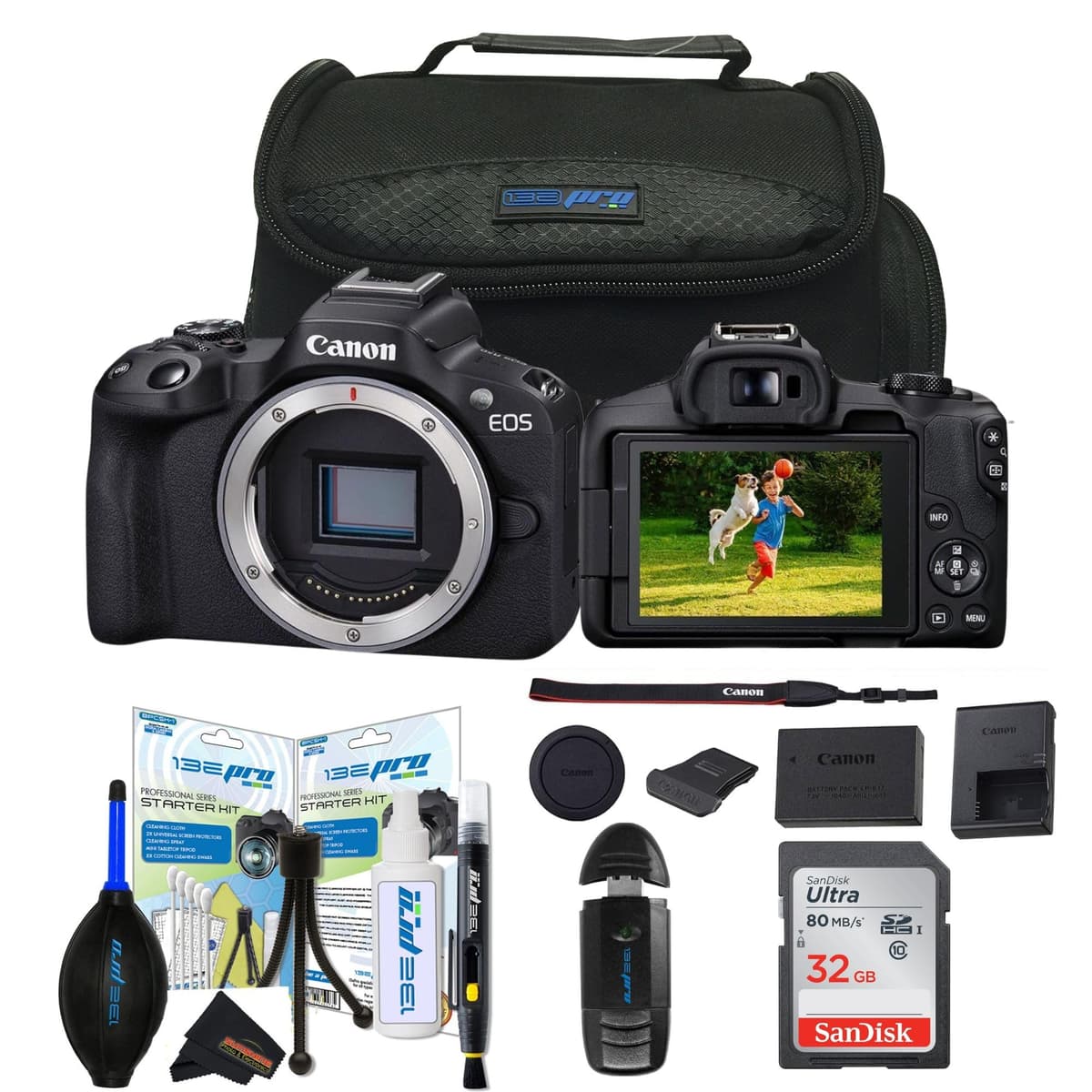 Canon EOS R50 sin espejo para vlogging (negra) con lente RF-S 18-45 mm F4.5-6.3 IS STM (renovada) (solo cuerpo con paquete de accesorios Sunshine) 5811C012