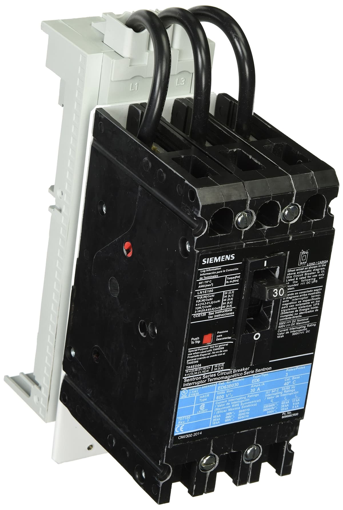 Siemens FBCB030 Interruptor termomagnético para barra colectora Fast Bus, alimentador 3 polos, zapatas adaptadoras Snap On, marco ED, corriente nominal 30A UL, corriente de cortocircuito 25kA UL a 480V
