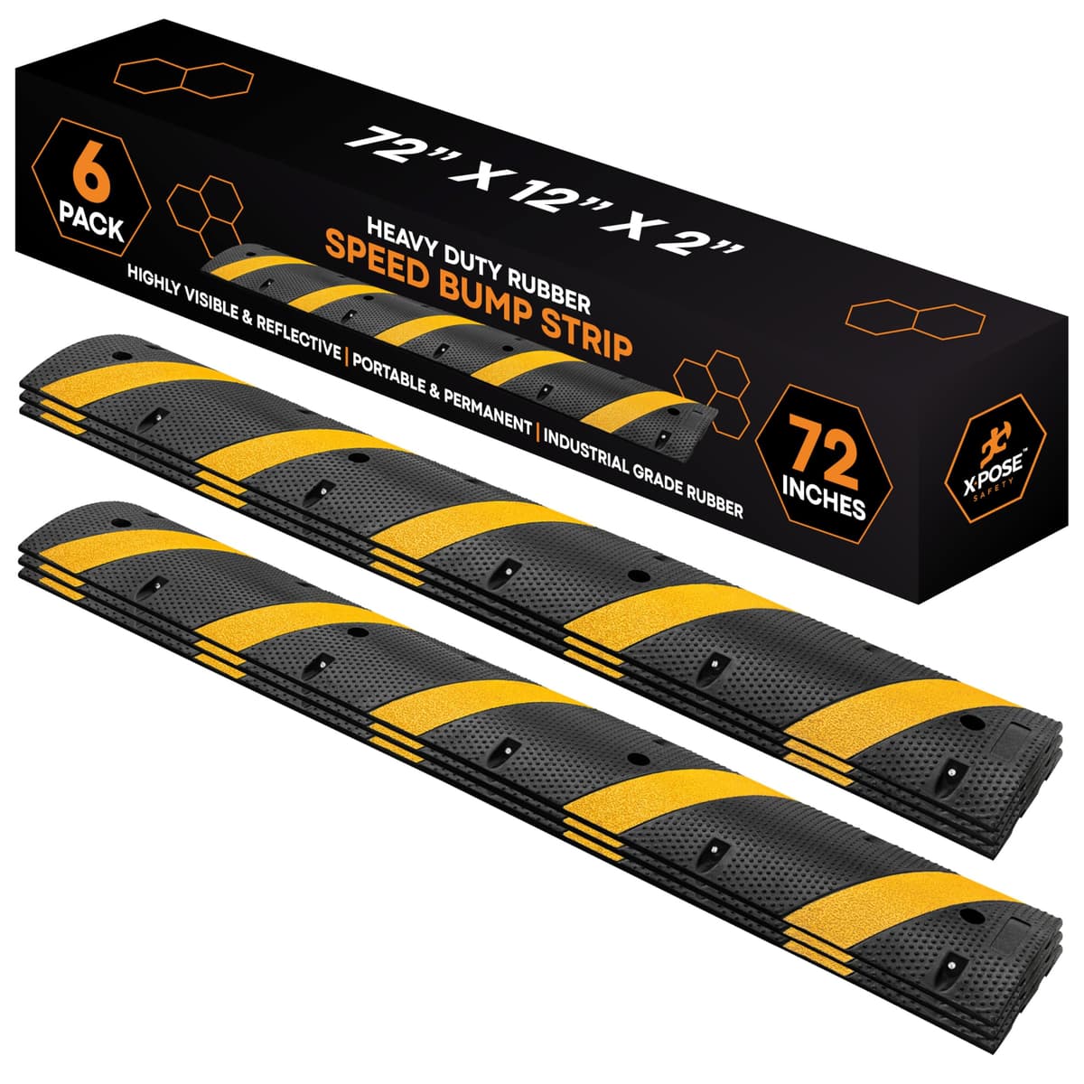 Topes de Goma Xpose de 6 pies (Paquete de 6) - Resistente, Capacidad 22,000 lbs, Tope Modular Interconectable para Control de Velocidad, Entradas, Calles, Estacionamientos, Rampas y Seguridad Exterior RSH-6-6-X