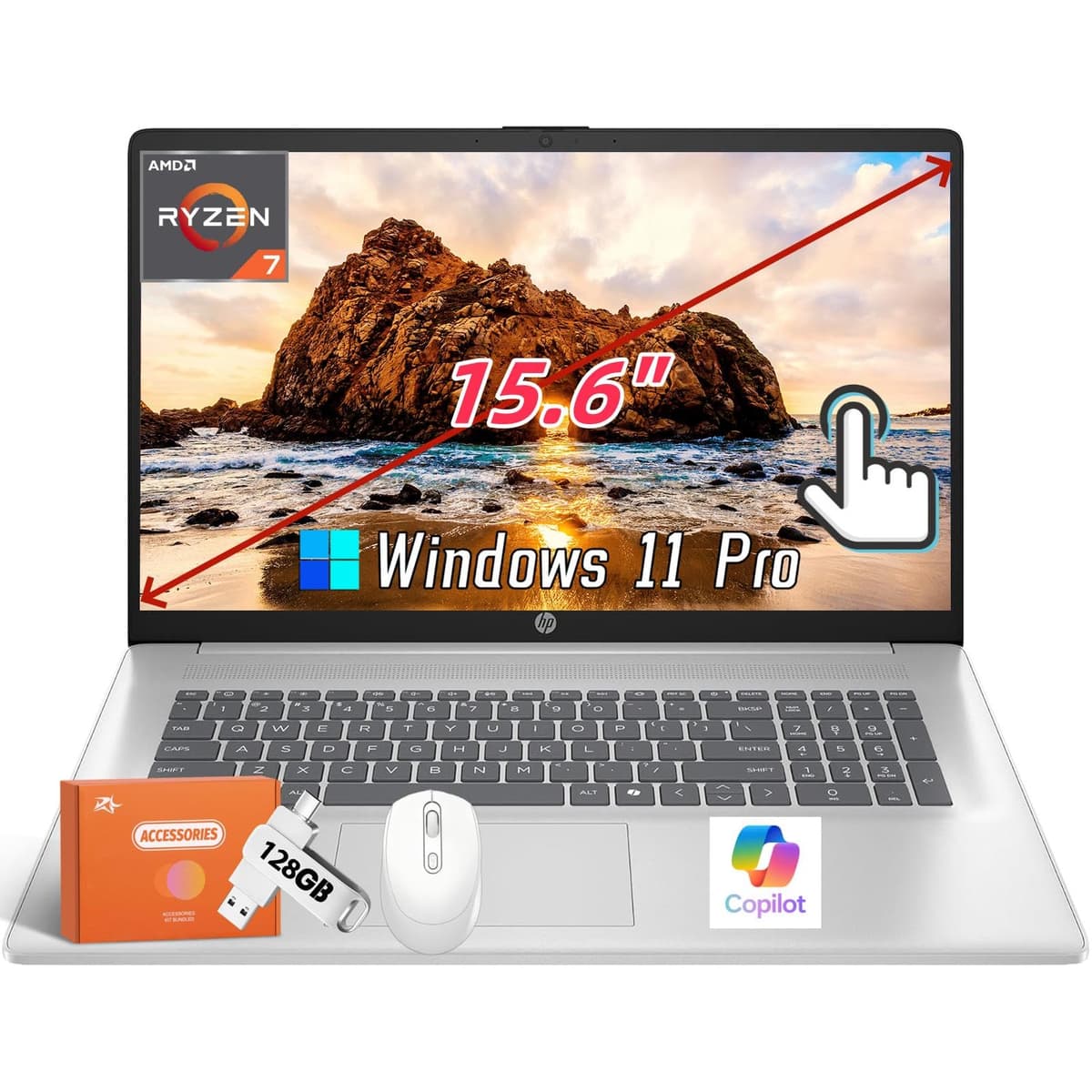 HP 15.6" Full HD táctil para estudiantes y negocios, AMD Ryzen 7-7730U (mejor que i7-1355U), 16 GB RAM, 1 TB PCIe SSD, Copilot AI, gráficos AMD Radeon, Wi-Fi 6, cámara web, Windows 11 Pro, con accesorios HP Laptop