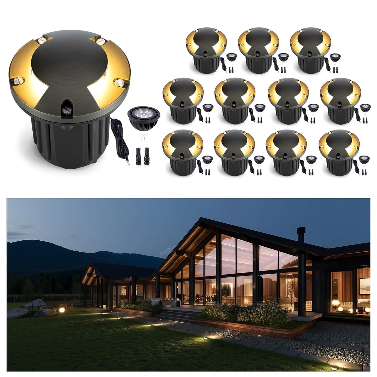 Gardenreet IGWL-2204B-12PCS Luminaria Well Light de Latón 12V con Bombilla MR16 5000K IGWL-2204B-12PCS-5000K-BULB