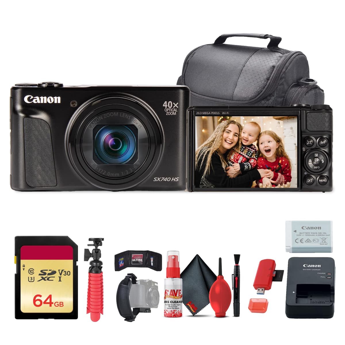 Cámara Digital Canon PowerShot SX740 HS Edición Lite (Negra) + Tarjeta de Memoria 64GB + Lector de Tarjetas + Bolso Suave Deluxe + Trípode Flexible + Correa de Mano + Funda para Tarjetas + Kit de Limpieza (Reacondicionada) 3522671_EDIRE_1