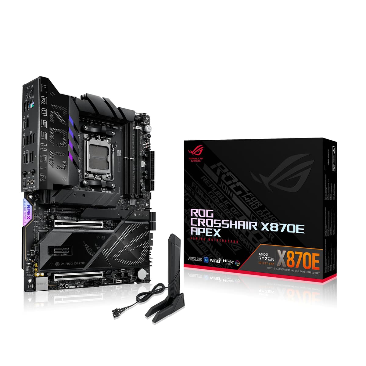 ASUS ROG Crosshair X870E APEX Placa Madre AMD X870E AM5 ATX, Lista para PC con IA Avanzada, 18+2+2 Fases, DDR5, Ventilador de Memoria ROG, Tarjeta ROG DIMM.2, Wi-Fi 7, LAN 5G, 3x M.2, PCIe 5.0, USB4, USB Tipo-C, AI OC
