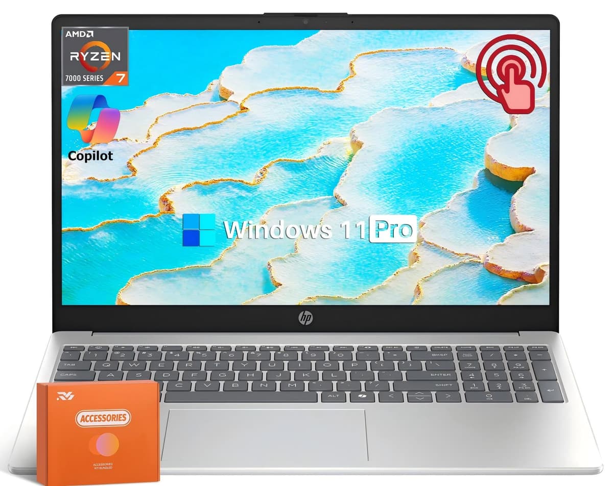 HP 15.6" FHD Pantalla Táctil para Estudiante Universitario y Empresa, AMD Ryzen 7 7730U de 8 núcleos (Mejor que i7-1355U), 32 GB RAM, 1 TB SSD, Gráficos AMD Radeon, Larga Duración de Batería, WiFi 6, Copilot, Windows 11 Pro HP Laptop