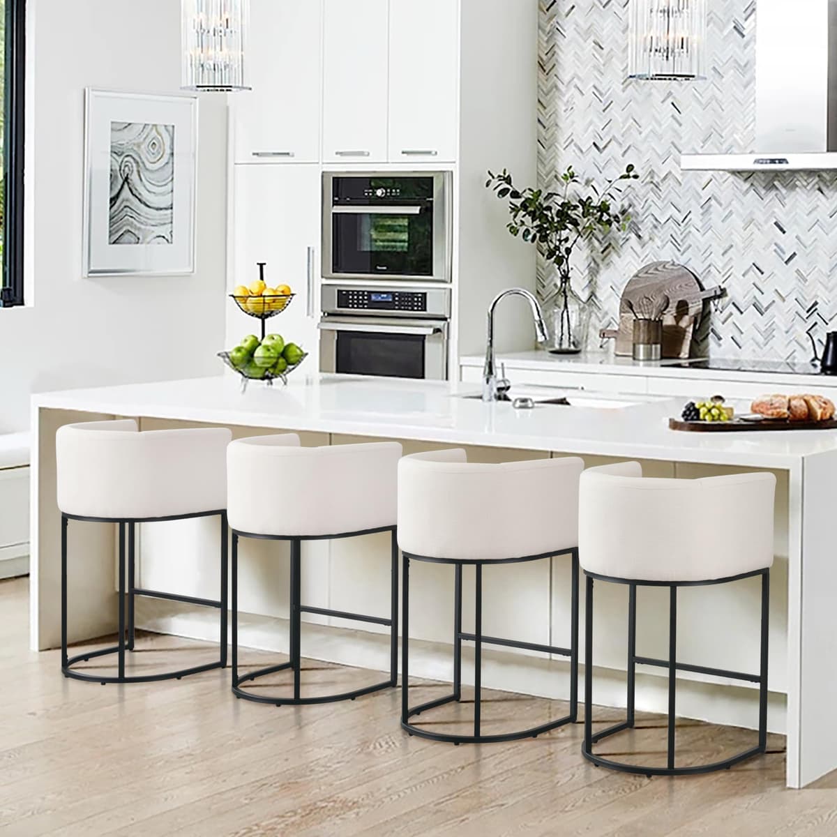 RIVOVA Set de 4 Banquetas Contemporáneas de Lino Crema, Altura de Barra 32" con Base Metálica Negra