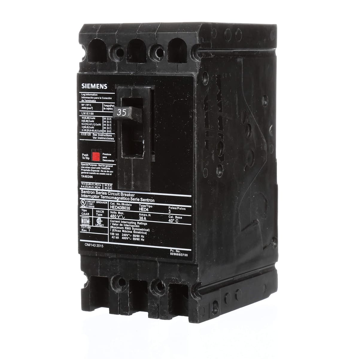 SIEMENS HED43B035 Interruptor automático (Circuit Breaker), Tipo HED4, 35 A, 3 polos