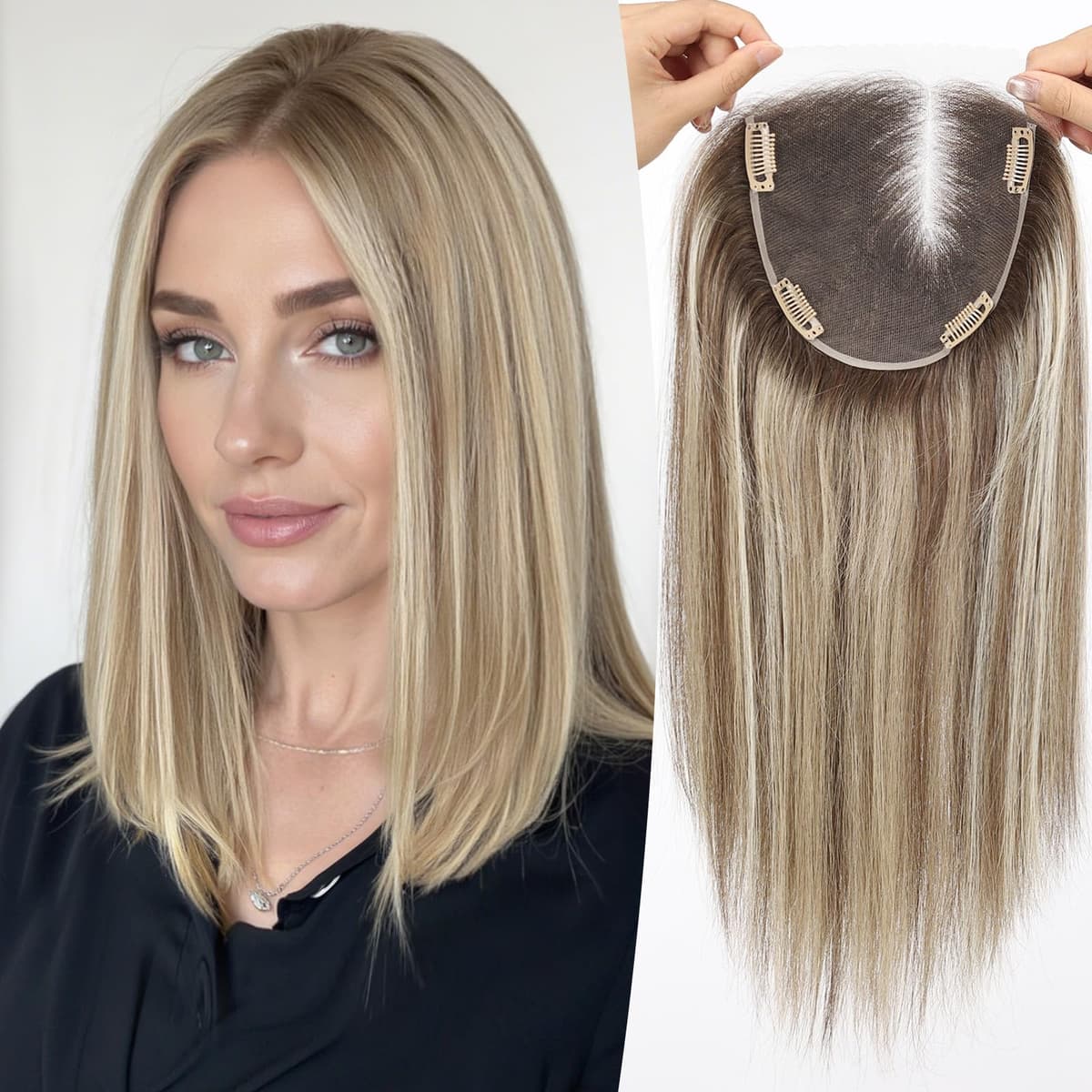 Topart topper 6×6 de 14" mano a mano con lace front, cabello humano Remy (Ombre Brown Mix Platinum) HTFM9004-5GR14