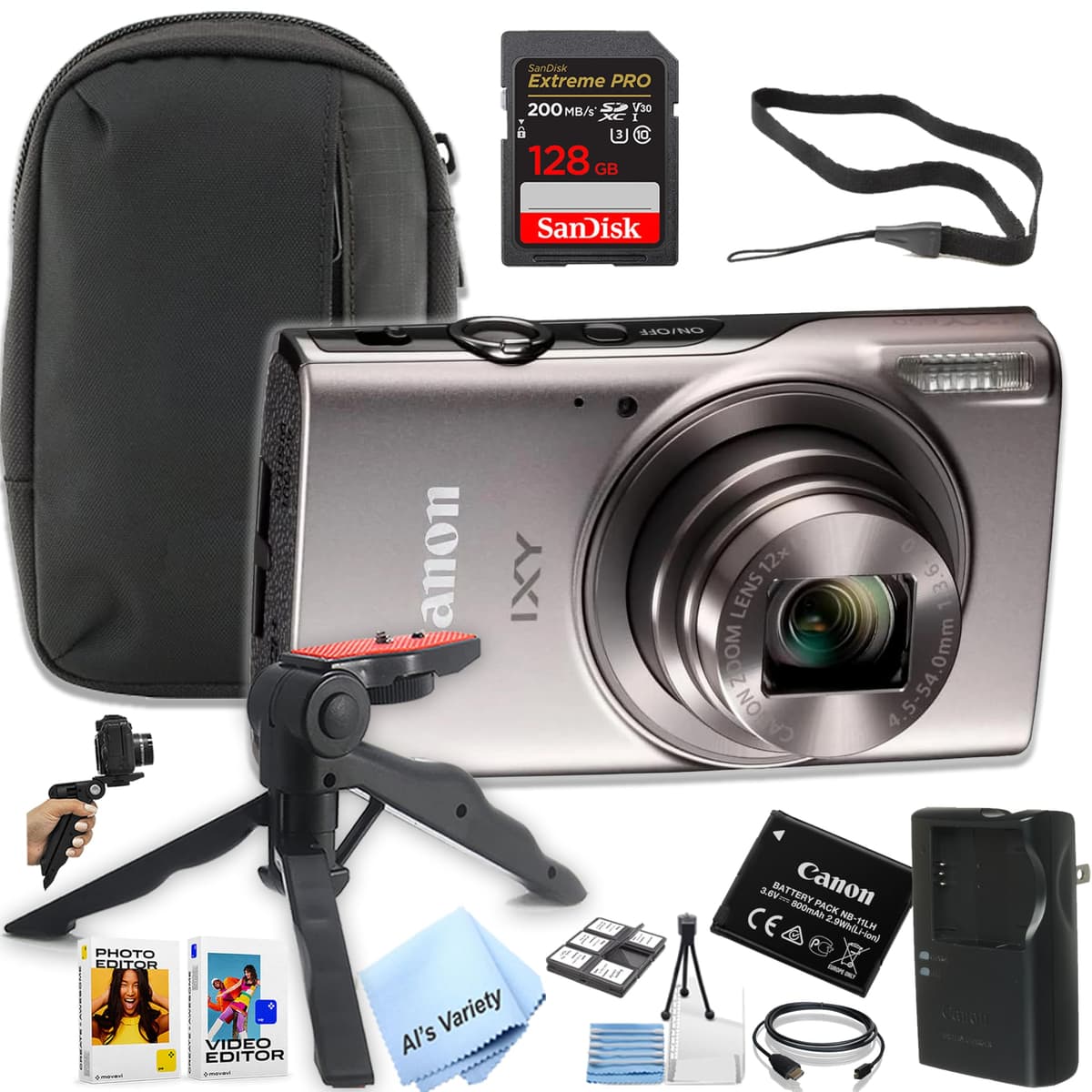 Cámara digital Canon PowerShot IXY 650 (ELPH 360) HS (Plata) + Memoria Extreme PRO 128GB + Funda, Empuñadura, Paquete de Software (Paquete Esencial) (Reacondicionado), Negro CN-IXY650SLV-071324-cr