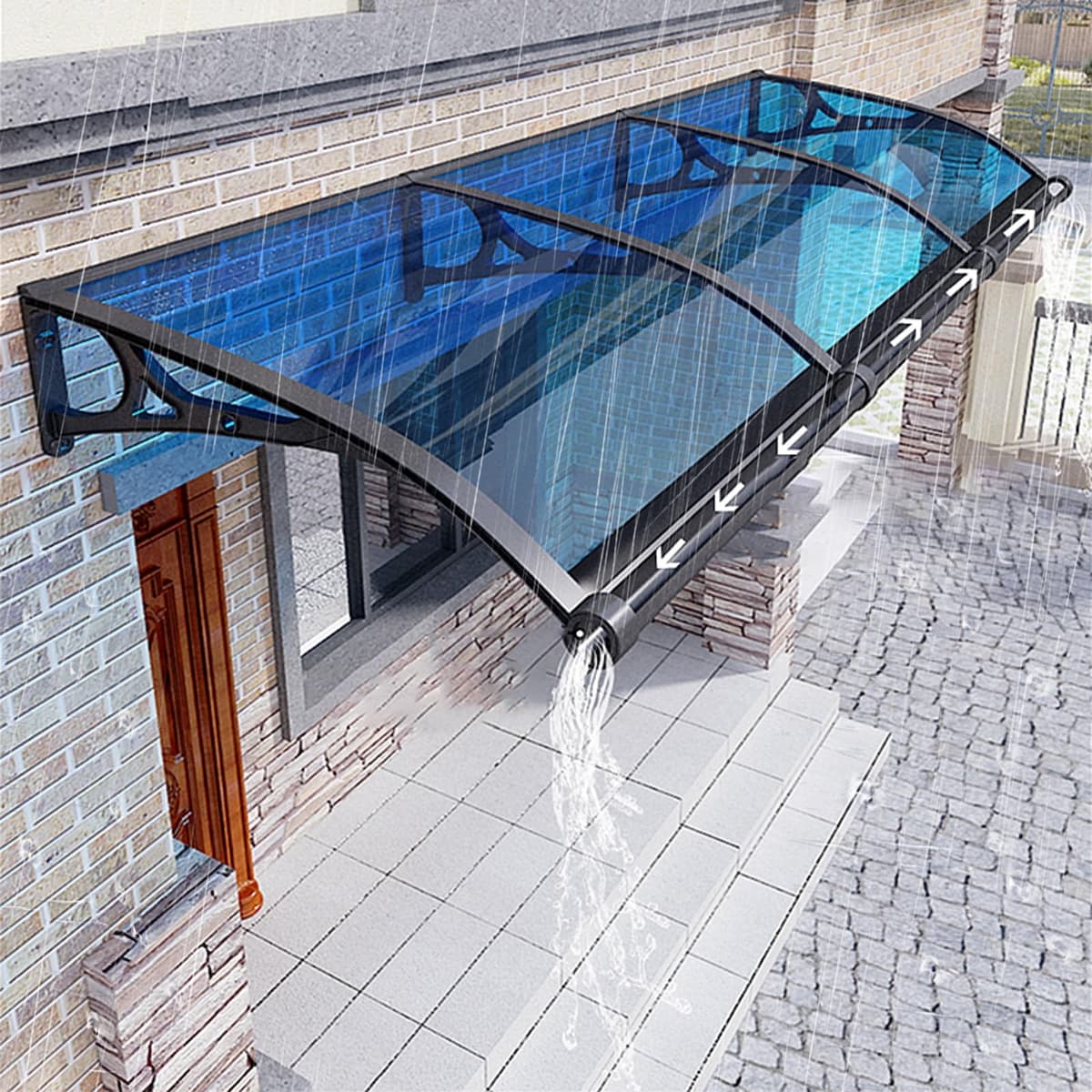DSEWTEZXI Toldo Exterior para Puerta con Soporte de Aluminio, Policarbonato y Canaletas - Protección contra Lluvia, Nieve y UV DWZ
