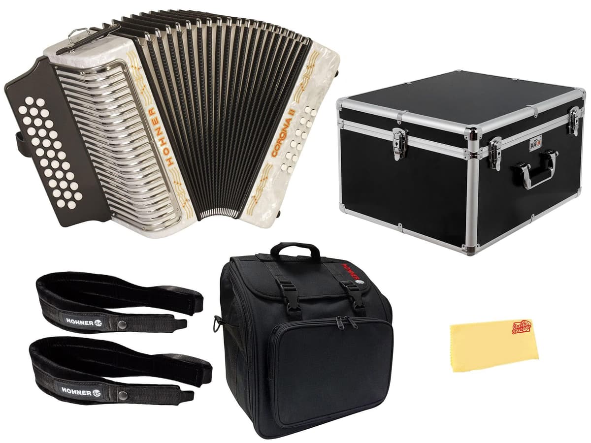 Hohner Corona II G/C/F Accordion - Pearl White Bundle con estuche rígido, gig bag, correas y paño de pulido AUS-3500GW-2022-COMBO-PRO