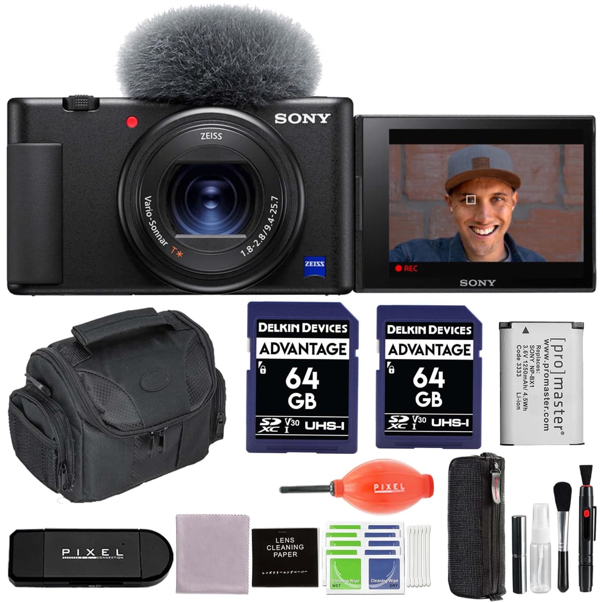 Sony ZV-1 Cámara digital para vlogging con batería extra, bolso, 2 x 64GB SD y accesorios DCZV1/B