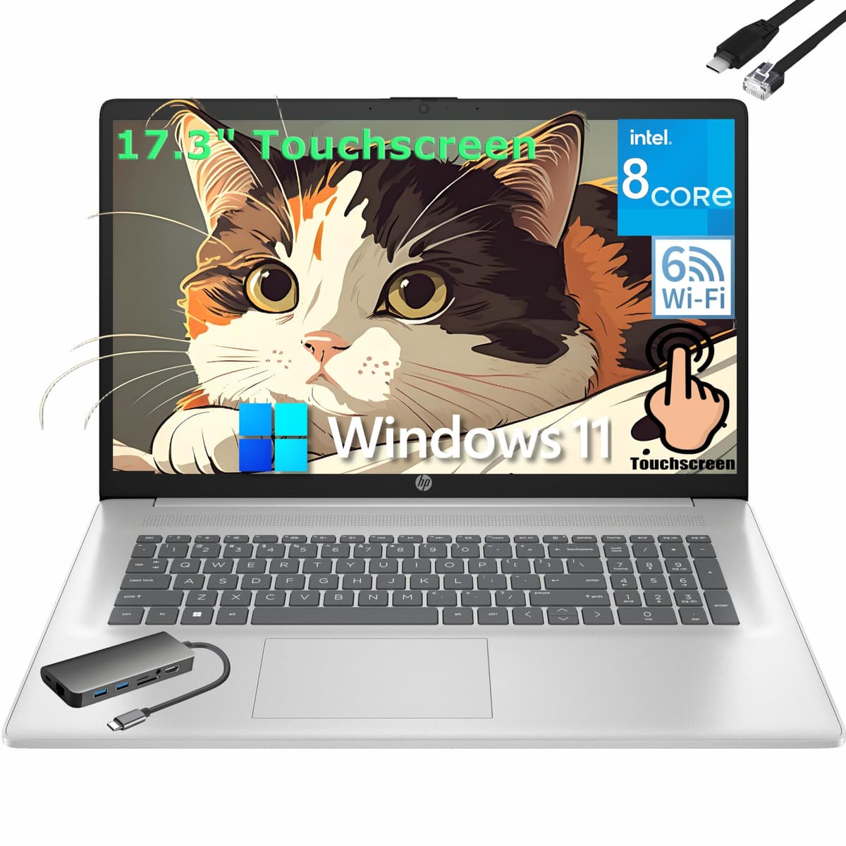 Laptop HP 17 pulgadas con pantalla táctil, procesador Intel de 8 núcleos, 8GB DDR4 RAM, 750GB almacenamiento (512GB SSD + 256GB estación de acoplamiento), WiFi 6, Bluetooth 5.4, HDMI, cámara web, Windows 11 para estudiantes domésticos Laptop 17