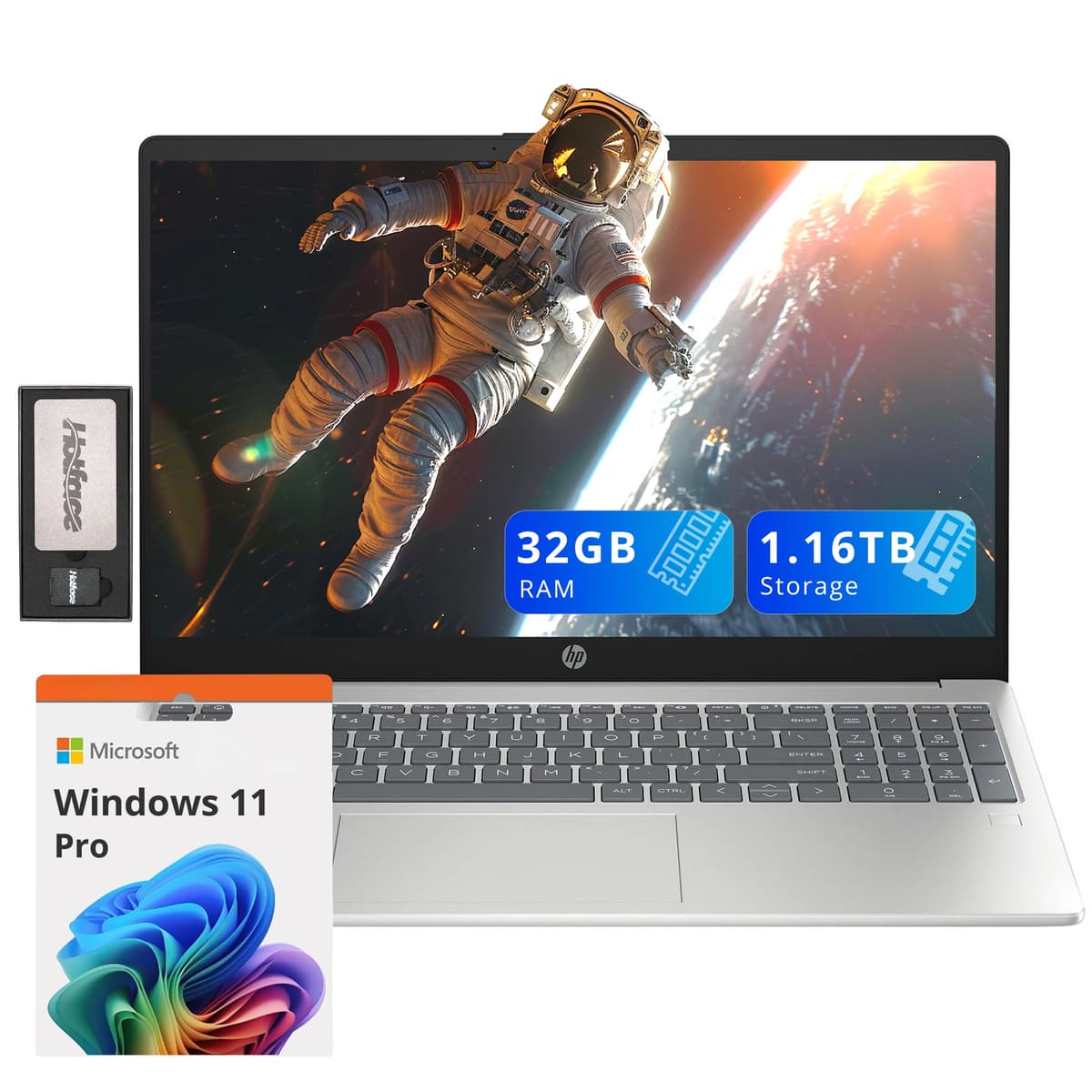 HP Pavilion 15.6" FHD Laptop, Intel i3-N305, 32GB DDR4, 1.16TB Almacenamiento (1TB SSD + Estación de Acoplamiento de 160GB), Gráficos Intel UHD, Teclado Numérico, Cámara HD, Lector de Huellas, Wi-Fi 6, Windows 11 Pro, Plateado