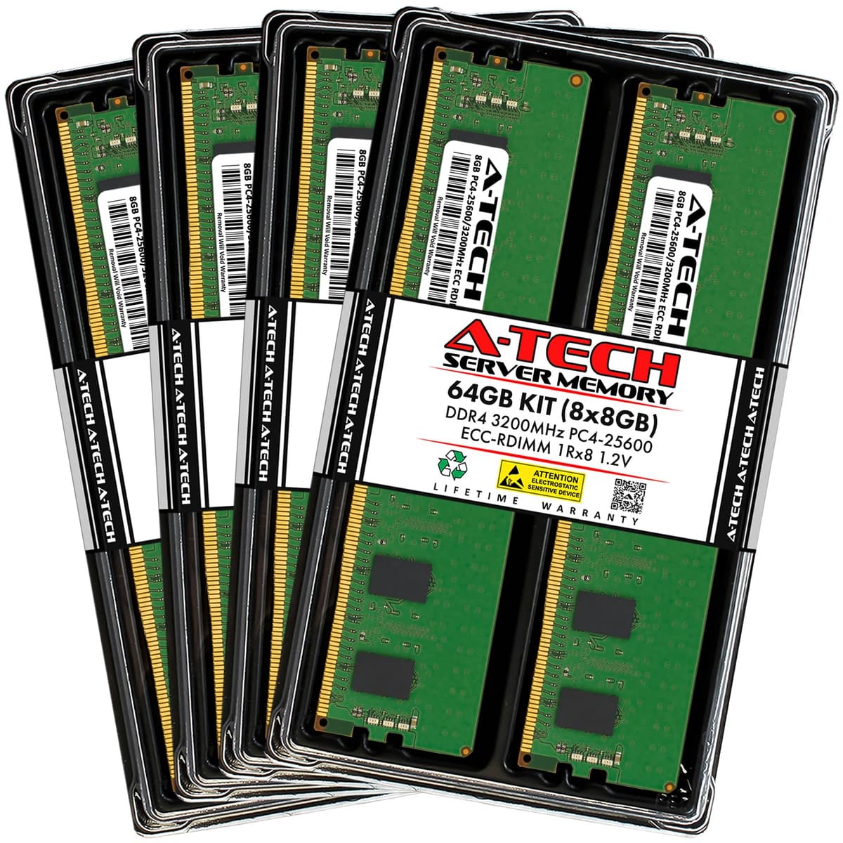 A-Tech Kit 64GB (8x8GB) DDR4 3200MHz PC4-25600 ECC RDIMM 1Rx8 Single Rank 1.2V ECC Registered DIMM de 288 pines Módulos de memoria RAM para servidor y estación de trabajo (Serie A-Tech Enterprise) AT8G8D4D3200RS8N12V
