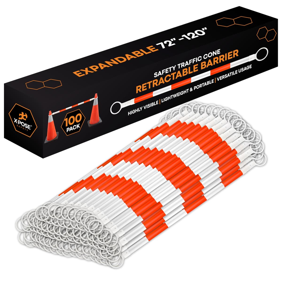 Barrera retráctil reflectante Xpose para conos de tráfico - Paquete de 100, Naranja/Blanco, Expandible de 72"-120" para construcción, estacionamiento y control de multitudes CBY-CBO-PARENT