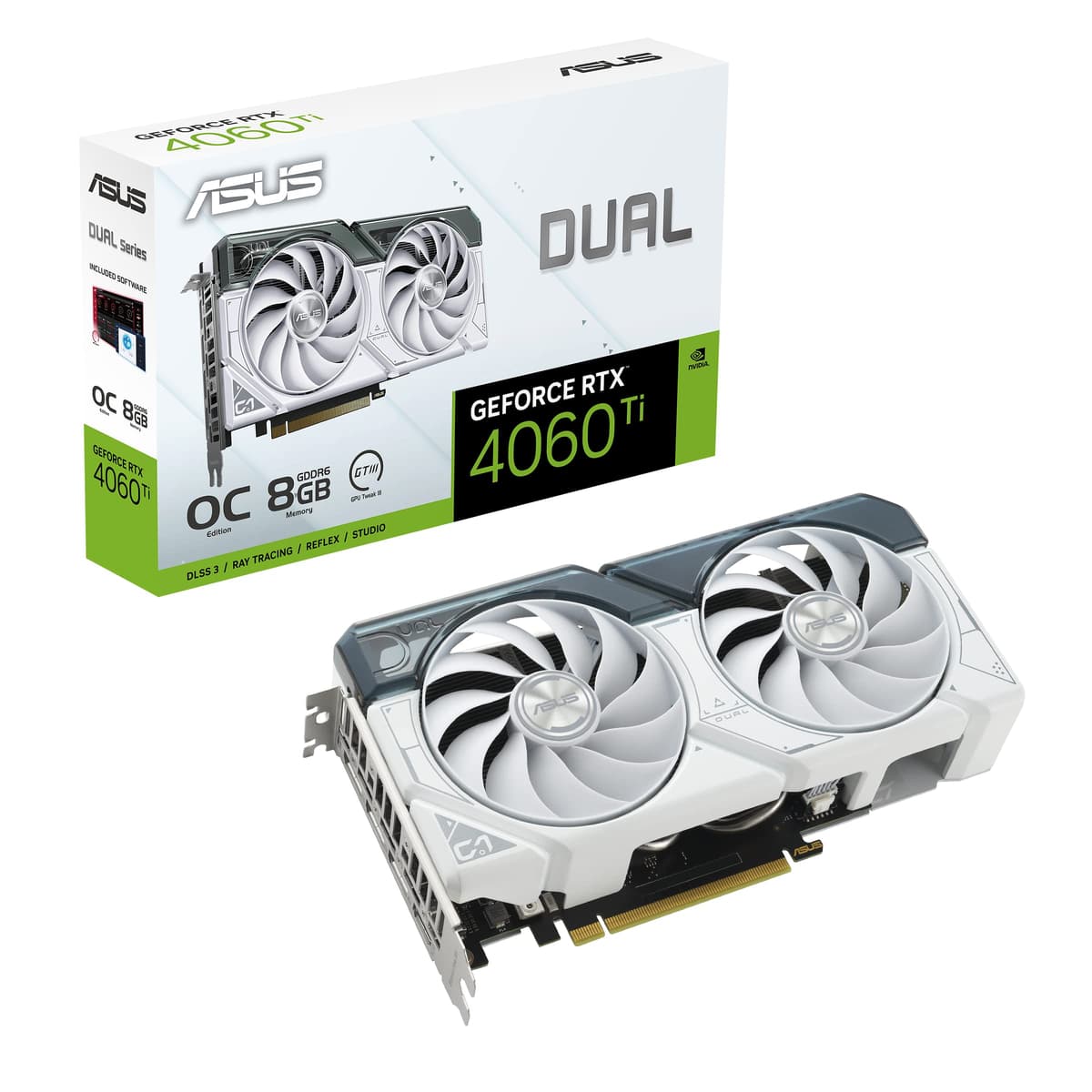 ASUS Dual GeForce RTX 4060 Ti White OC Edition 8GB GDDR6 (PCIe 4.0, 8GB GDDR6, DLSS 3, HDMI 2.1, DisplayPort 1.4a, Diseño de ventiladores Axial-tech, Tecnología 0dB y más) DUAL-RTX4060TI-O8G-WHITE