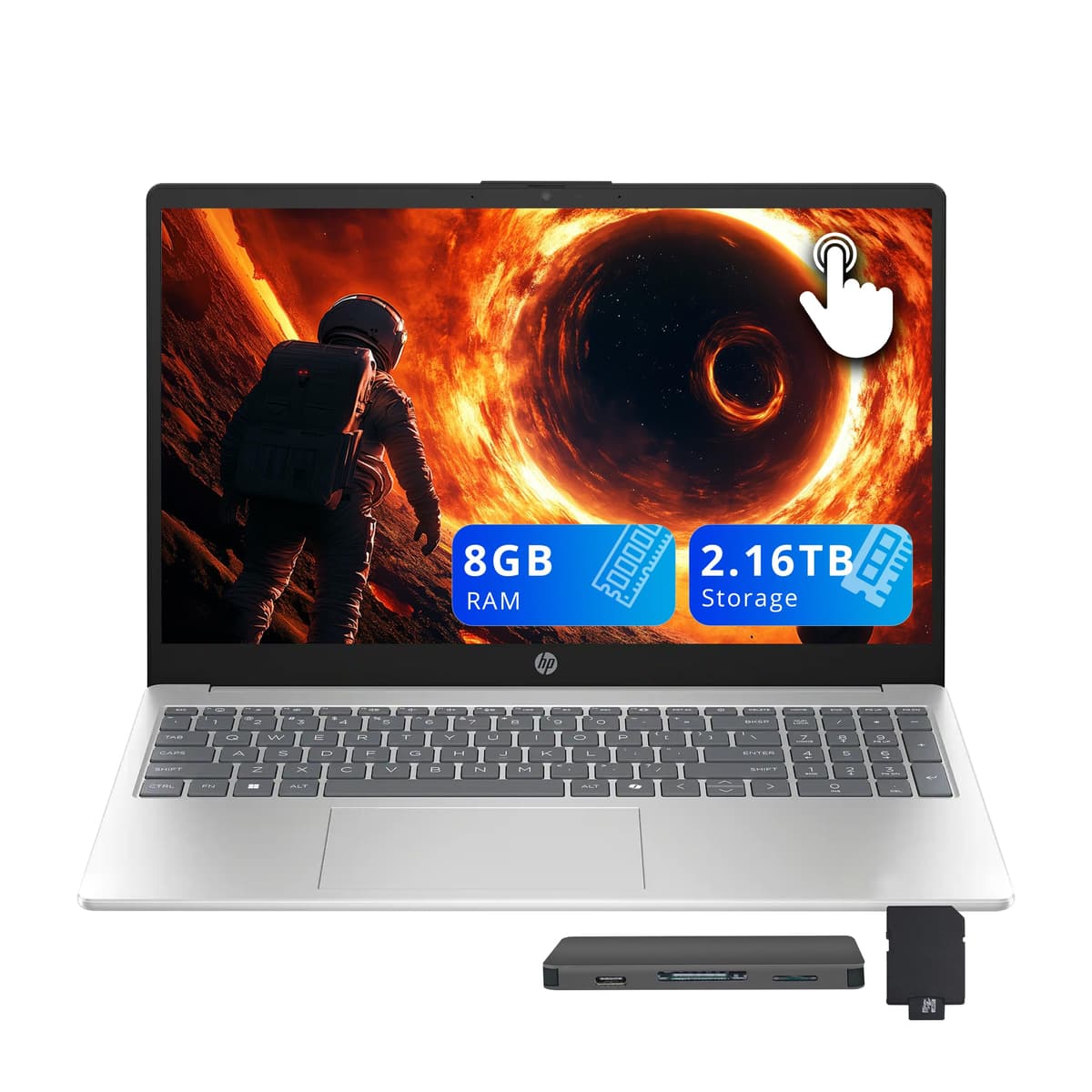 HP 15.6" FHD Pantalla Táctil, AMD Ryzen 5 7520U, 8GB LPDDR5 RAM, 2.16TB Almacenamiento (2TB SSD + Estación de Acoplamiento 160GB), Gráficos Radeon, Copilot, Teclado Numérico, Wi-Fi 6, Windows 11, Plateado