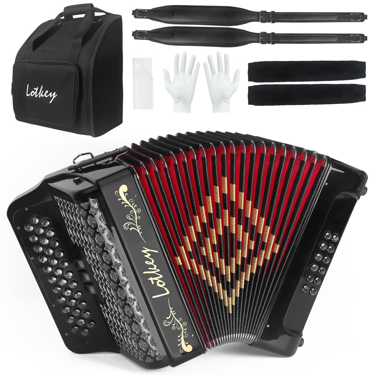 Acordeón diatónico Lotkey 34 teclas 12 bajos con funda y accesorios (GCF Black) MI84ACCORDION