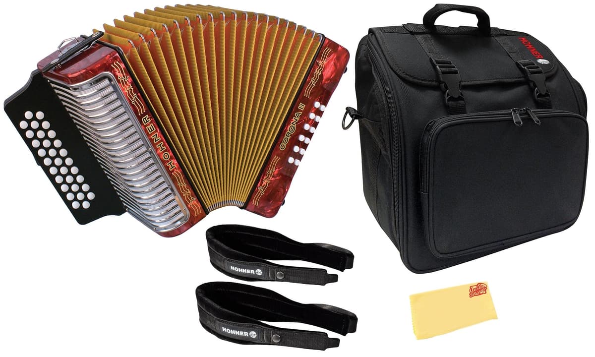 Hohner Corona II F/Bb/Eb Acordeón - Pearl Red con gig bag y accesorios AUS-3500FR-2022-COMBO-DLX